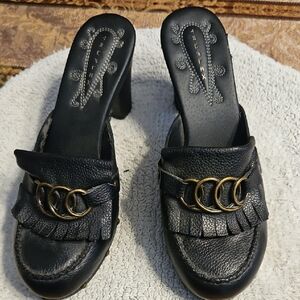 Black Leather Fringe Slip-On Mules with Antique Gold Triple Ring Accent